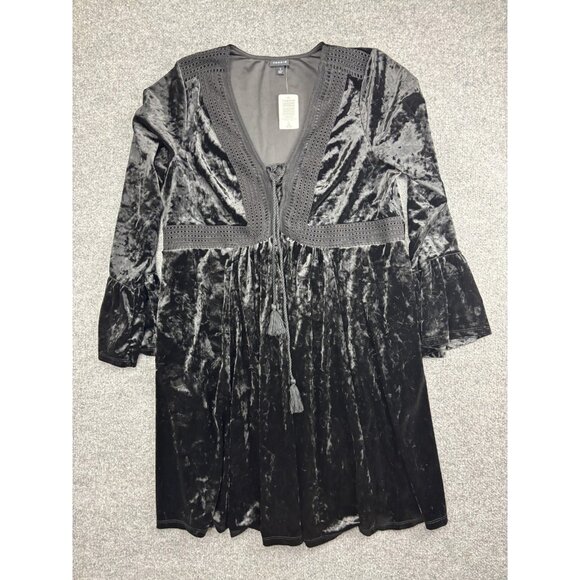 Torrid Dress Womens 1X Black Velvet Long Sleeve Boho Tassel Tie 14-16 - Picture 1 of 7